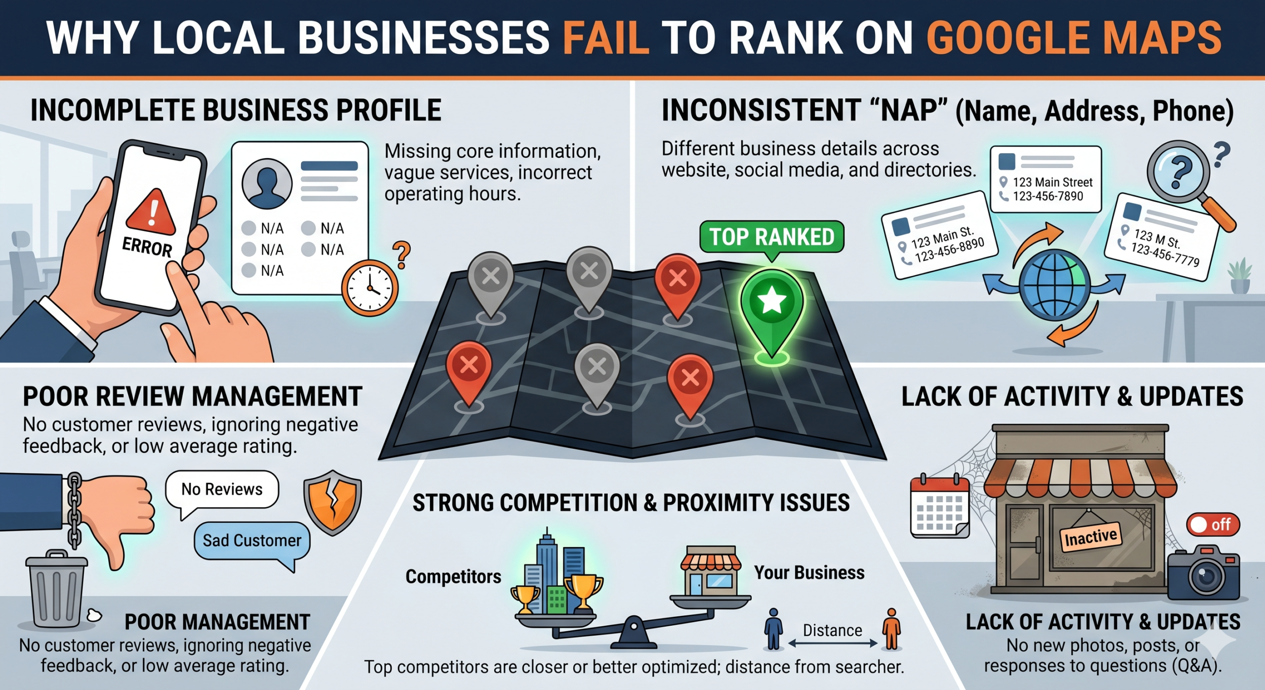 A business owner struggling with the complexities of digital marketing might find that missing simple details leads to poor visibility in local searches. Google emphasizes that visibility in local searches, particularly on Google Maps, is heavily influenced by three pillars: proximity, relevance, and prominence. To improve prominence, for instance, a steady flow of fresh, positive reviews is much more effective than a sudden influx, as consistency indicates to Google that the business remains currently popular and active. This infographic breaks down the most common reasons why local businesses fall short in their Google Maps ranking, focusing on the essential elements of profile completeness, visibility signals, and active management.